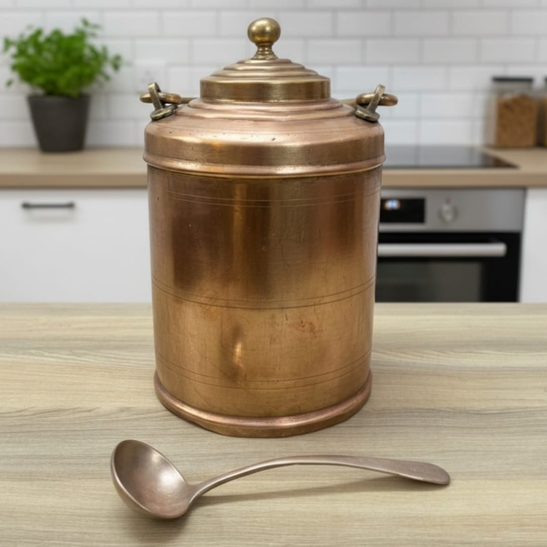 1985 Antique Brass Canister with Ladle | 5 Litre Large Capacity Serving Vessel - Bombay Antiques