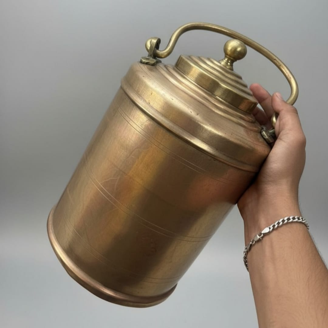 1985 Antique Brass Canister with Ladle | 5 Litre Large Capacity Serving Vessel - Bombay Antiques