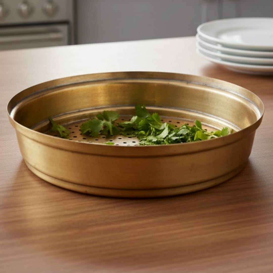1972 Antique Brass Steaming Plate | Perforated Insert for Traditional Cooking - Bombay Antiques
