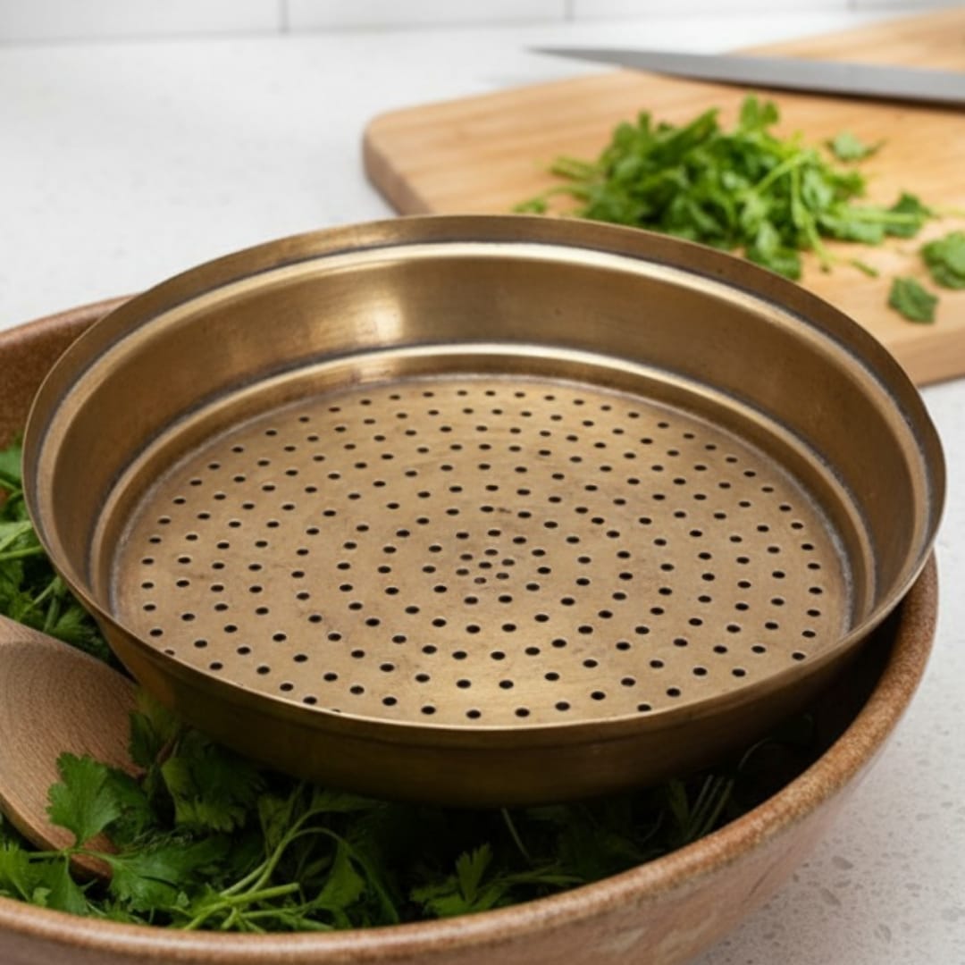 1972 Antique Brass Steaming Plate | Perforated Insert for Traditional Cooking - Bombay Antiques