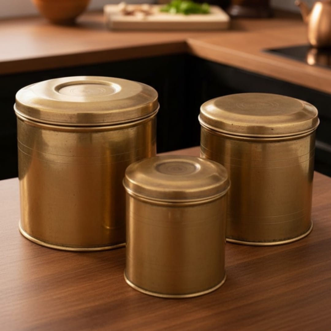 1983 Antique Brass Storage Box Set of 3 | Graduated Round Containers with Fitted Lids - Bombay Antiques