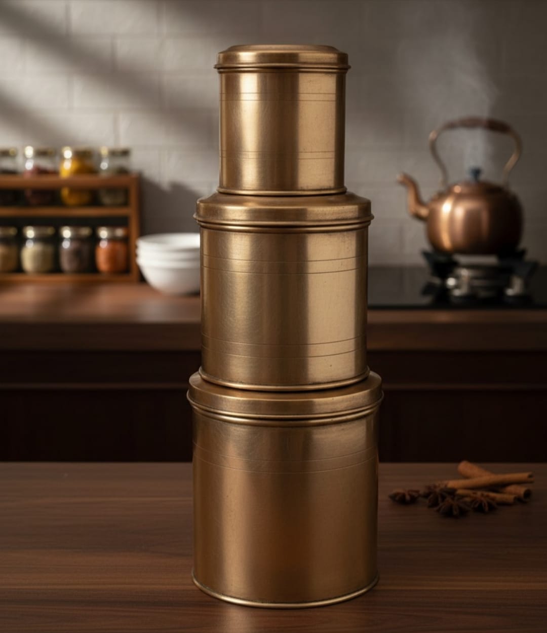 1983 Antique Brass Storage Box Set of 3 | Graduated Round Containers with Fitted Lids - Bombay Antiques