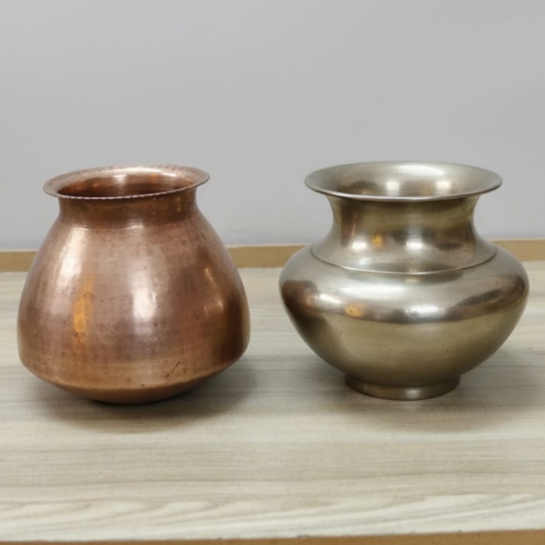 1976 Antique Brass and Bronze Kalash in Pair | Coordinated Dual-Tone Decorative Vessels - Bombay Antiques