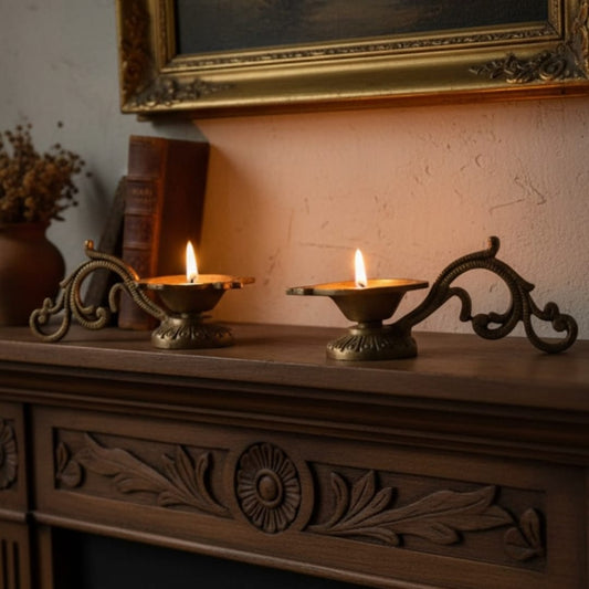 1974 Antique Brass Diya in Pair | Wide Round Oil Lamps with Defined Rim - Bombay Antiques