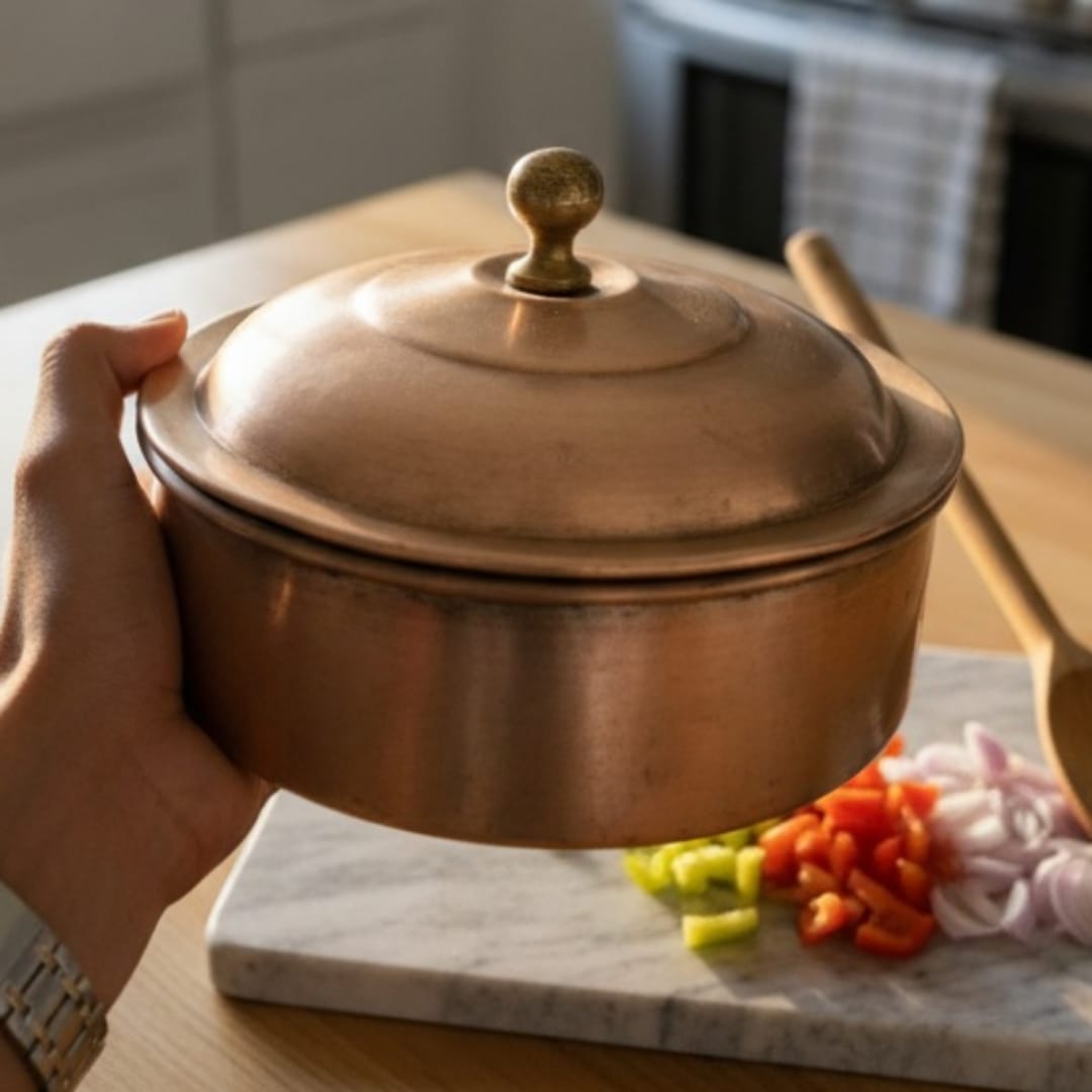 1980 Antique Brass Chapati Box | Round Bread Storage Container with Lid - Bombay Antiques