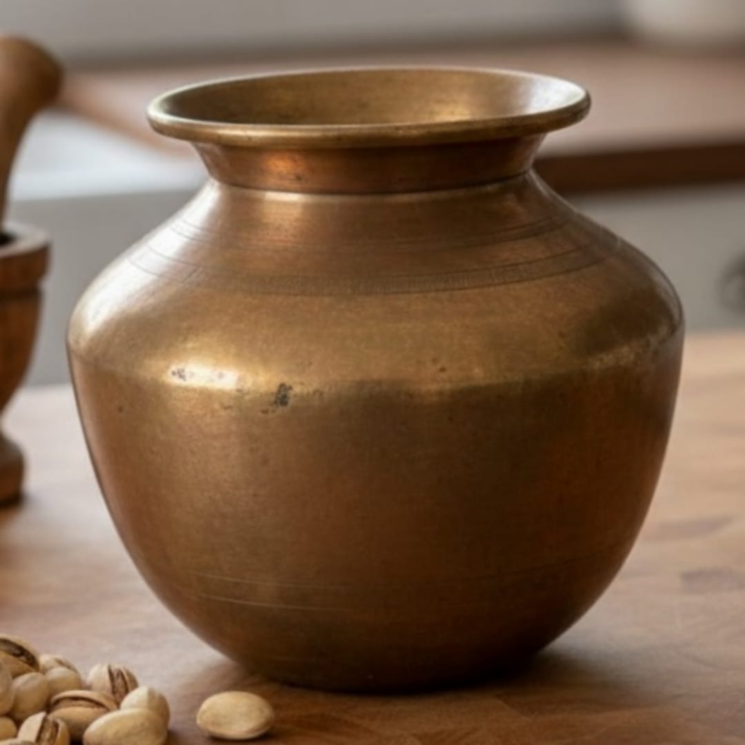 1977 Antique Brass and Bronze Kalash in Pair | Dual-Tone Rounded Vessels with Varied Proportions - Bombay Antiques