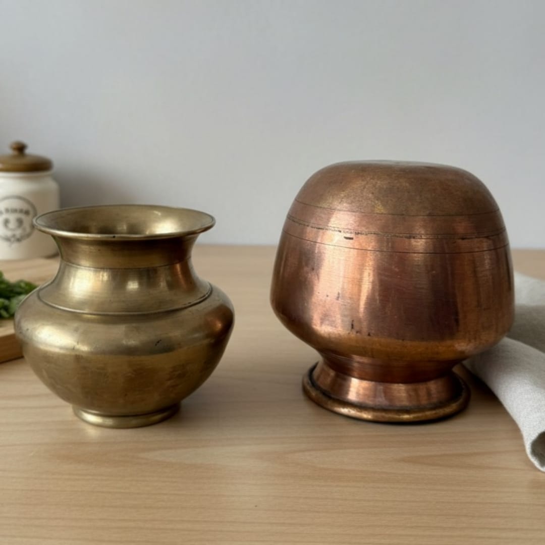 1977 Antique Brass and Bronze Kalash in Pair | Dual-Tone Rounded Vessels with Varied Proportions - Bombay Antiques
