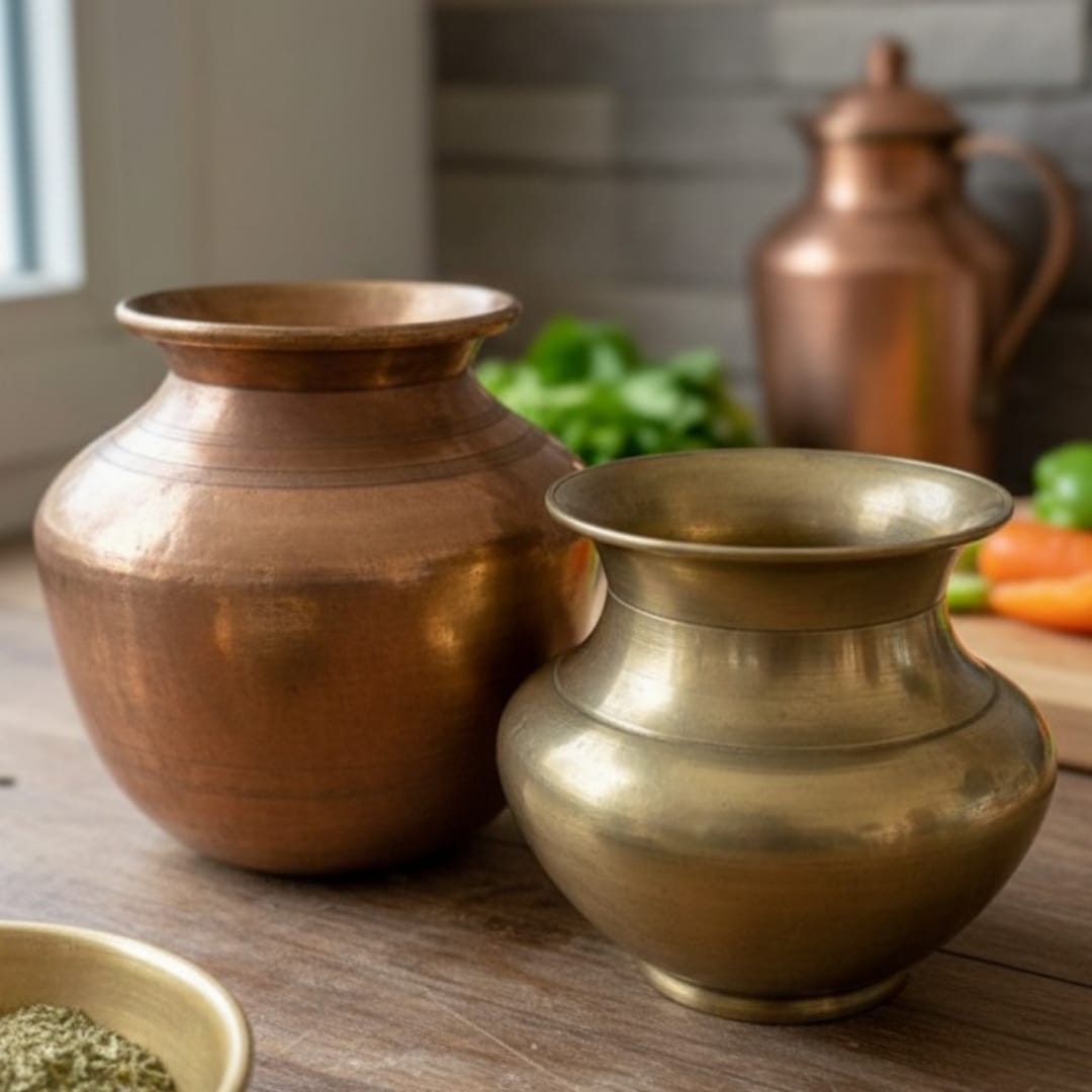 1977 Antique Brass and Bronze Kalash in Pair | Dual-Tone Rounded Vessels with Varied Proportions - Bombay Antiques