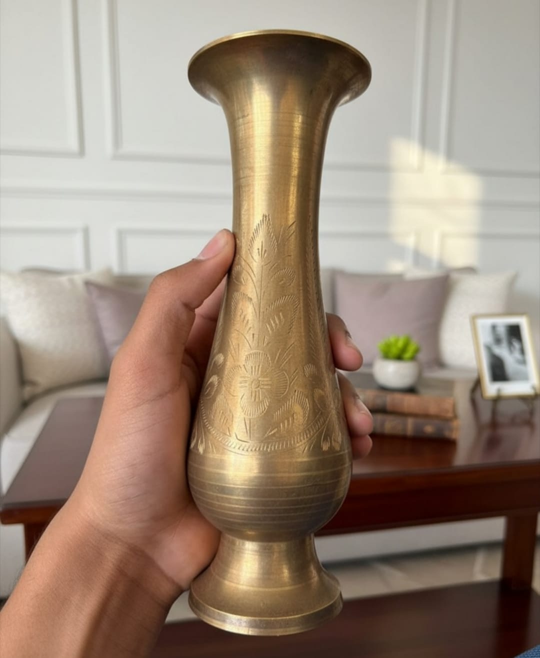 1978 Antique Brass Engraved Vase in Pair | Slim Neck Decorative Flower Holders - Bombay Antiques