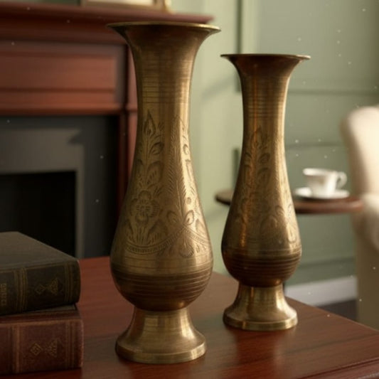 1978 Antique Brass Engraved Vase in Pair | Slim Neck Decorative Flower Holders - Bombay Antiques