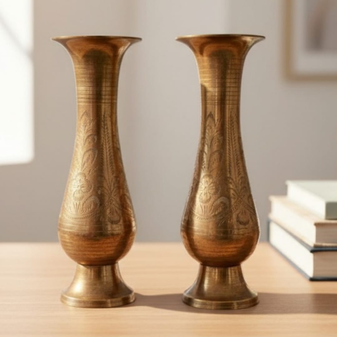 1978 Antique Brass Engraved Vase in Pair | Slim Neck Decorative Flower Holders - Bombay Antiques