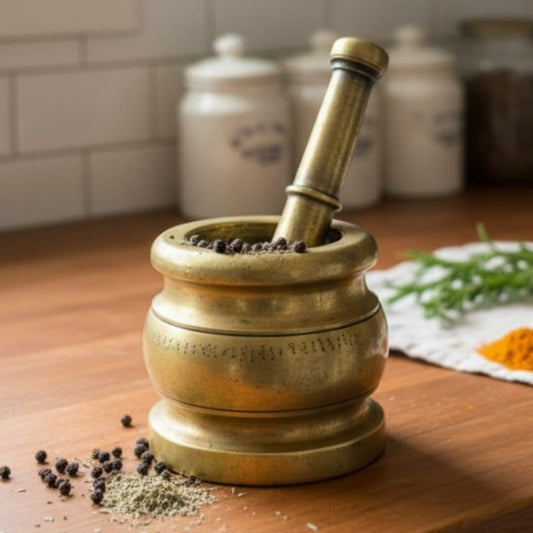 1973 Antique Brass Heavy Khalbatta | Compact Solid Mortar and Pestle Set - Bombay Antiques