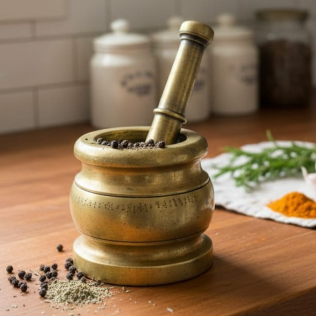 1973 Antique Brass Heavy Khalbatta | Compact Solid Mortar and Pestle Set - Bombay Antiques