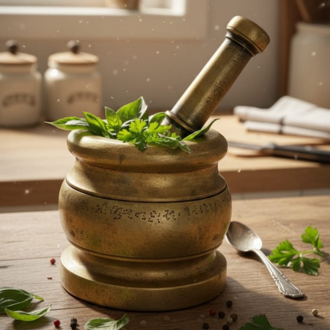 1973 Antique Brass Heavy Khalbatta | Compact Solid Mortar and Pestle Set - Bombay Antiques