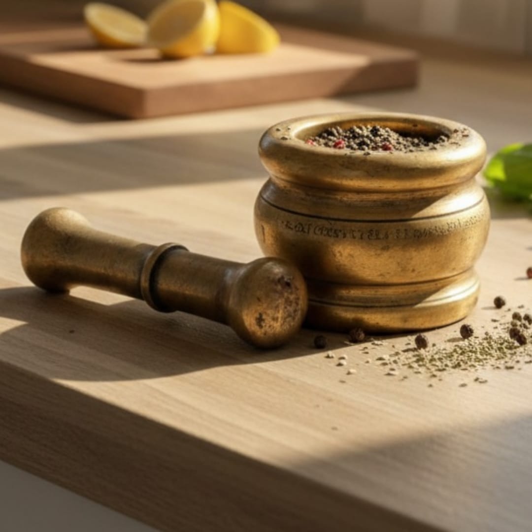 1973 Antique Brass Heavy Khalbatta | Compact Solid Mortar and Pestle Set - Bombay Antiques