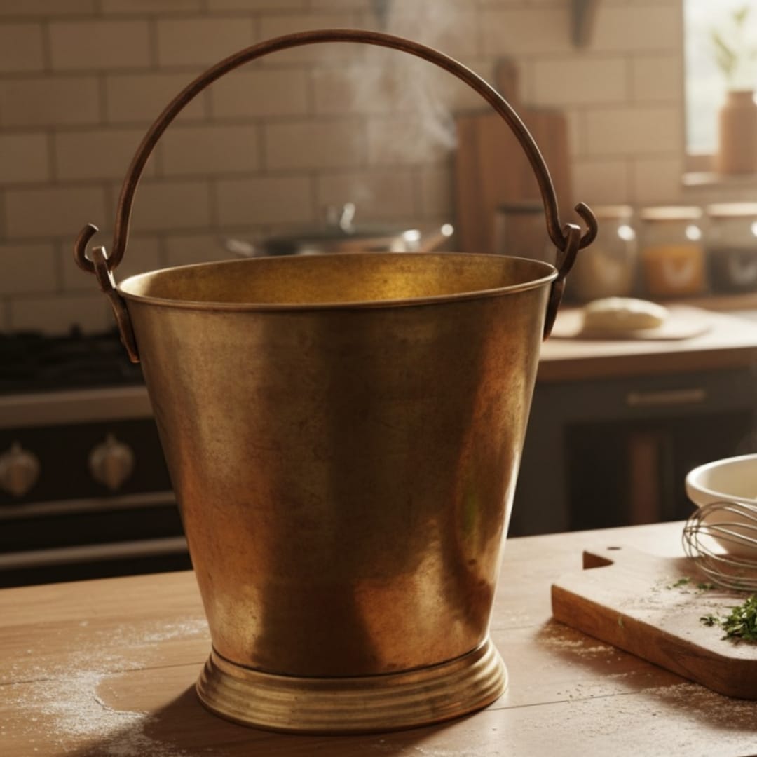 1993 Antique Brass Bucket | Large 7 Litre Utility Vessel with Handle - Bombay Antiques