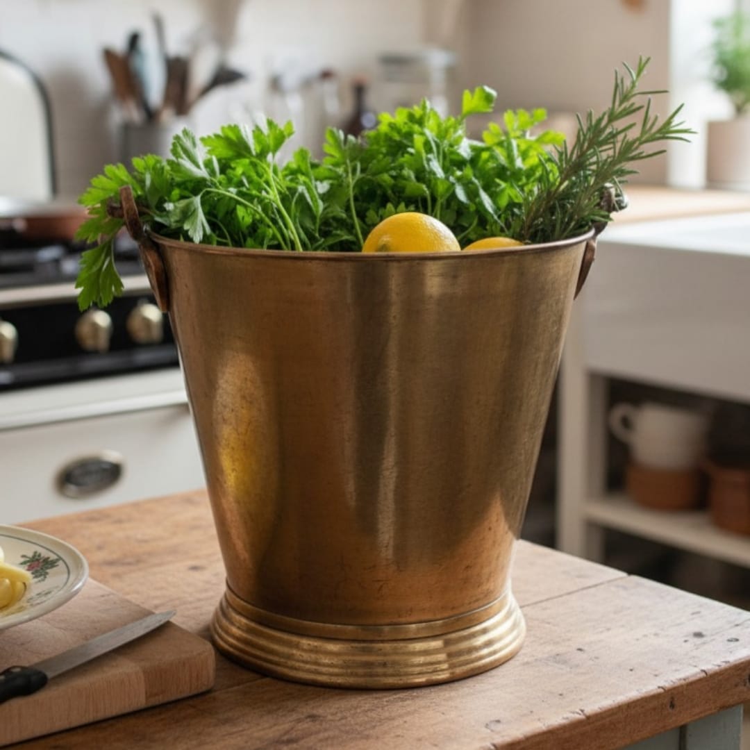 1993 Antique Brass Bucket | Large 7 Litre Utility Vessel with Handle - Bombay Antiques