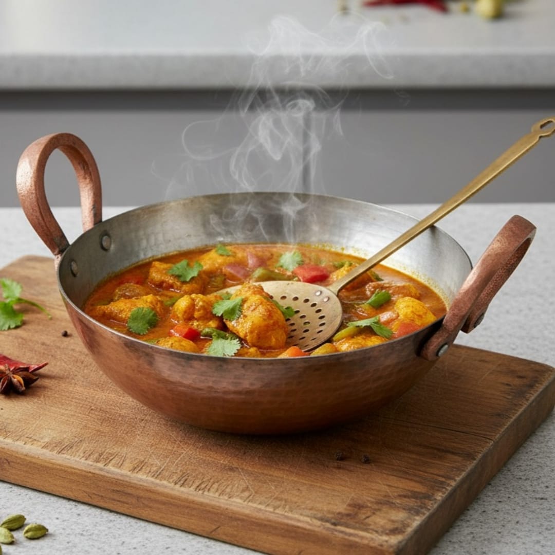 1994 Antique Copper Kadai with Brass Ladle | Classic Hammered Cooking Vessel - Bombay Antiques