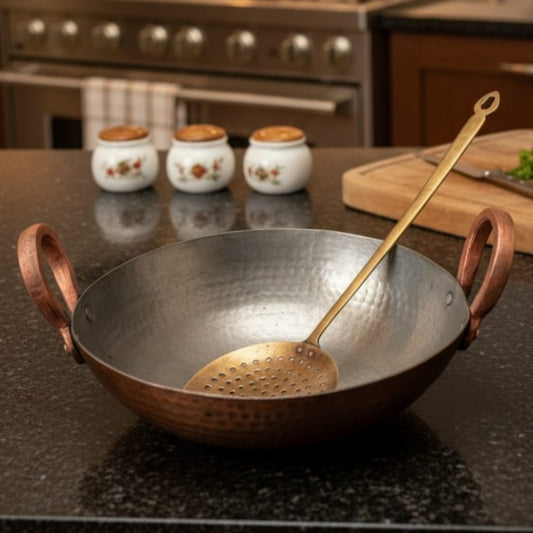 1994 Antique Copper Kadai with Brass Ladle | Classic Hammered Cooking Vessel - Bombay Antiques