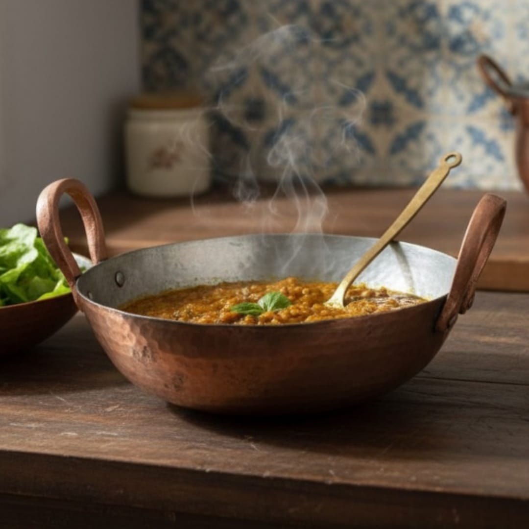 1994 Antique Copper Kadai with Brass Ladle | Classic Hammered Cooking Vessel - Bombay Antiques