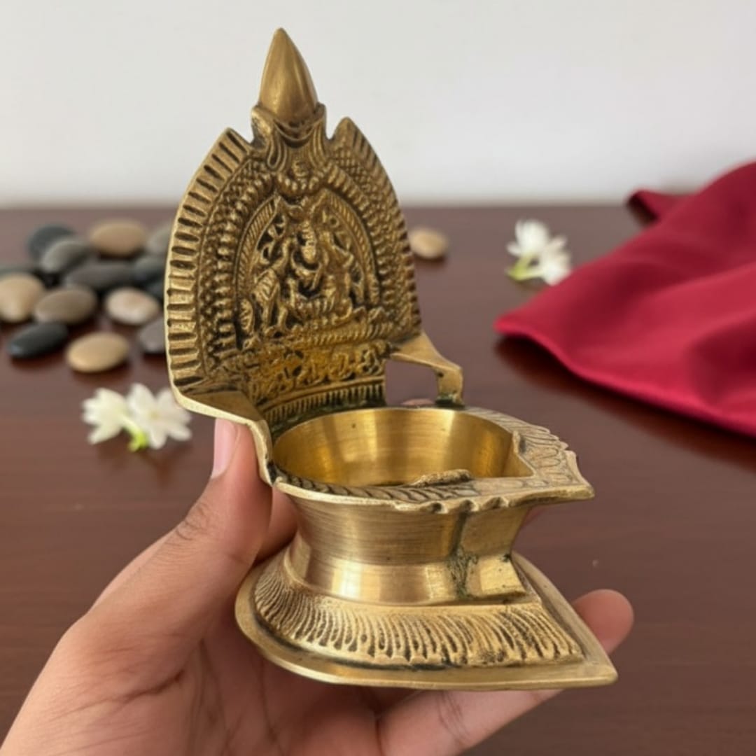 1982 Antique Brass Back Panel Diya in Pair | Sculpted Arch Oil Lamps with Pedestal Base - Bombay Antiques