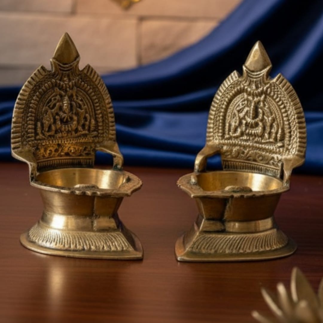 1982 Antique Brass Back Panel Diya in Pair | Sculpted Arch Oil Lamps with Pedestal Base - Bombay Antiques