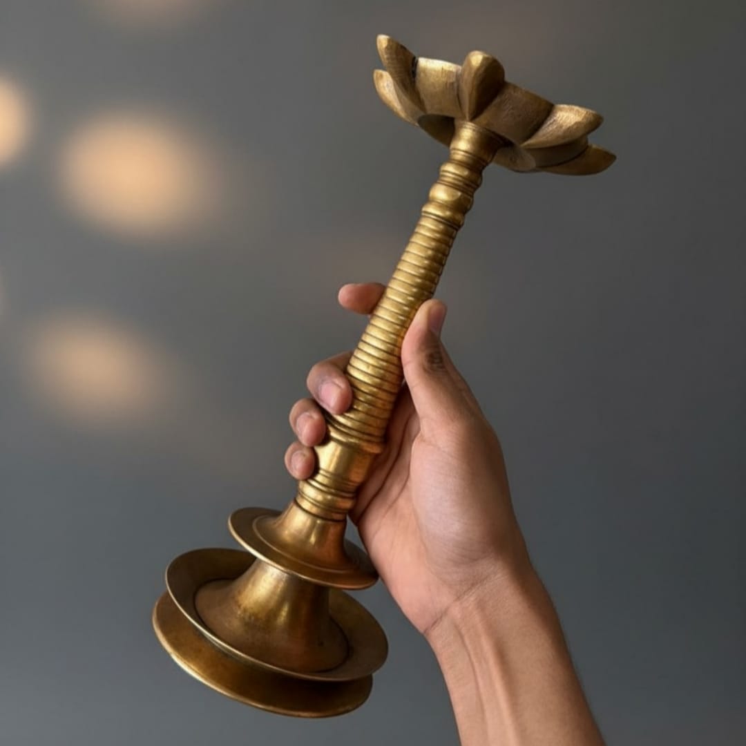 1972 Antique Brass Samay | Medium Height Standing Oil Lamp - Bombay Antiques