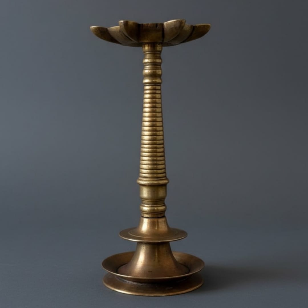 1972 Antique Brass Samay | Medium Height Standing Oil Lamp - Bombay Antiques