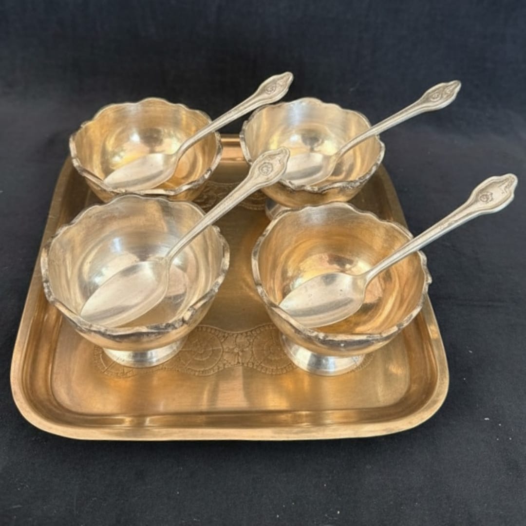 1988 Antique Brass Dessert Set | Cup, Plate and Spoon Coordinated Serving Ensemble