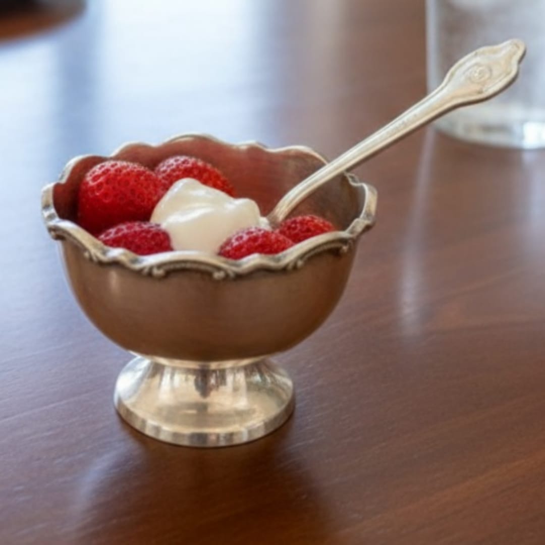 1988 Antique Brass Dessert Set | Cup, Plate and Spoon Coordinated Serving Ensemble