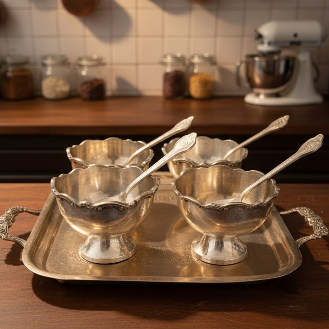 1988 Antique Brass Dessert Set | Cup, Plate and Spoon Coordinated Serving Ensemble