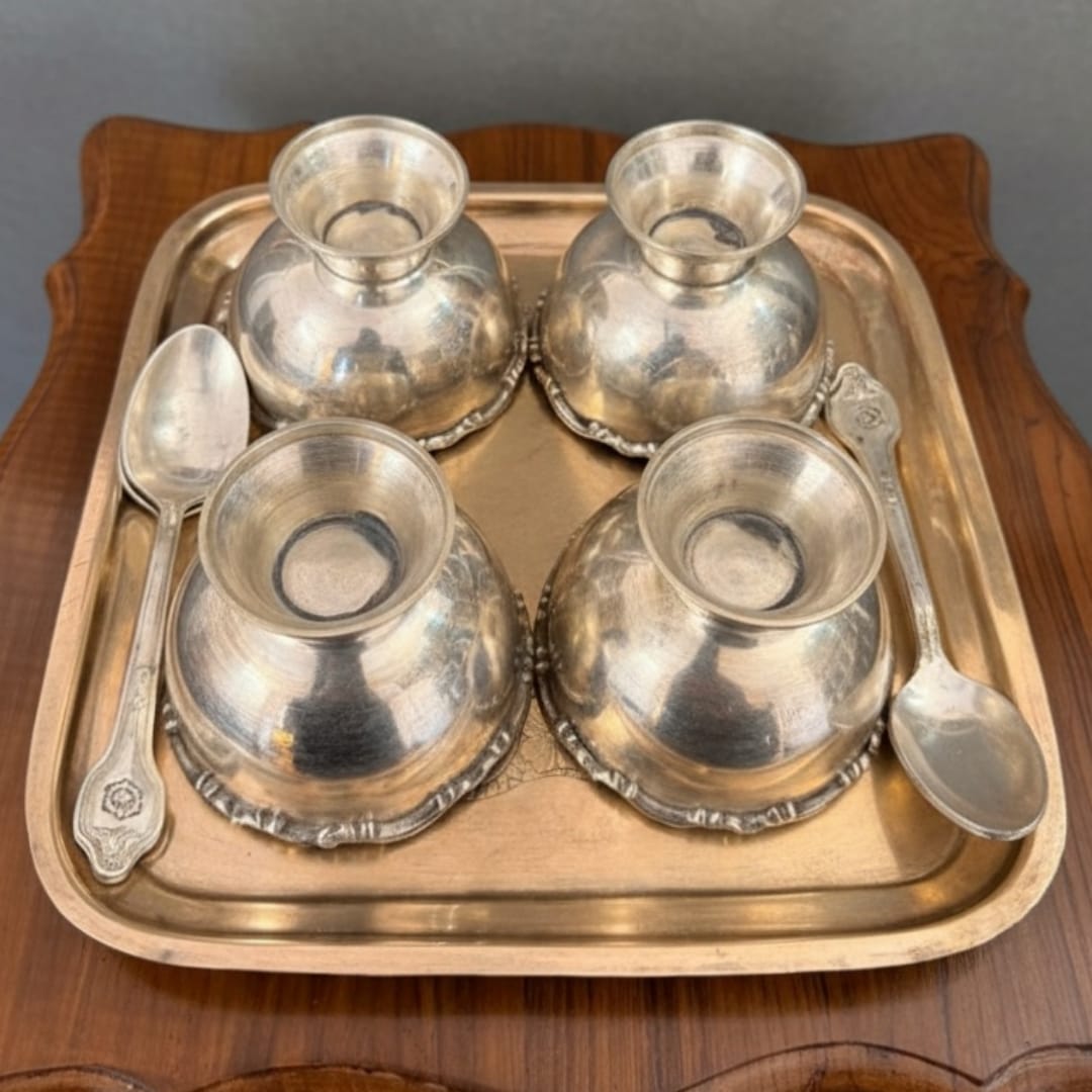1988 Antique Brass Dessert Set | Cup, Plate and Spoon Coordinated Serving Ensemble