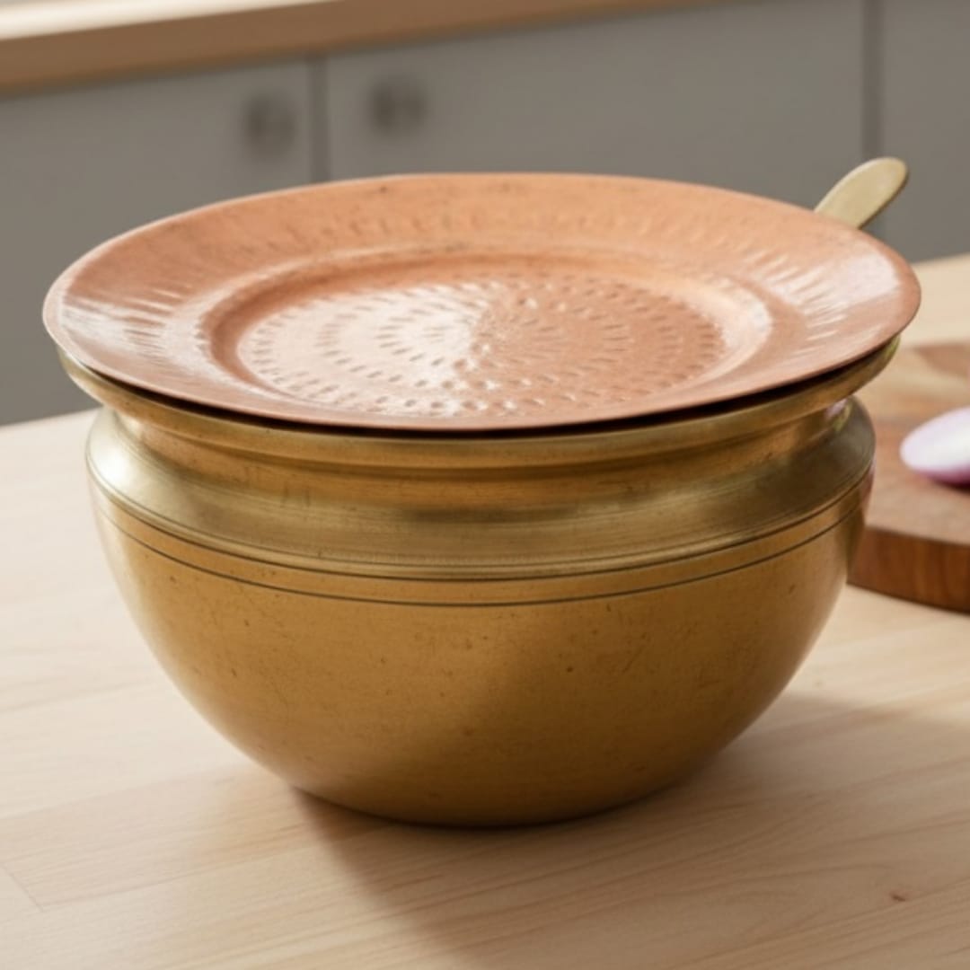 1979 Antique Bronze Cooking Pot with Copper Lid & Ladle | 2–2.5 Litre Dual-Metal Cookware Set