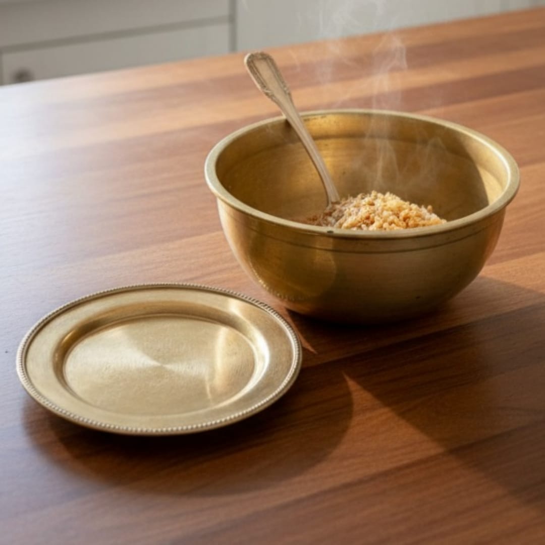 1976 Antique Bronze Cooking Bowl with Lid & Spoon | Compact 500 ml Covered Cookware