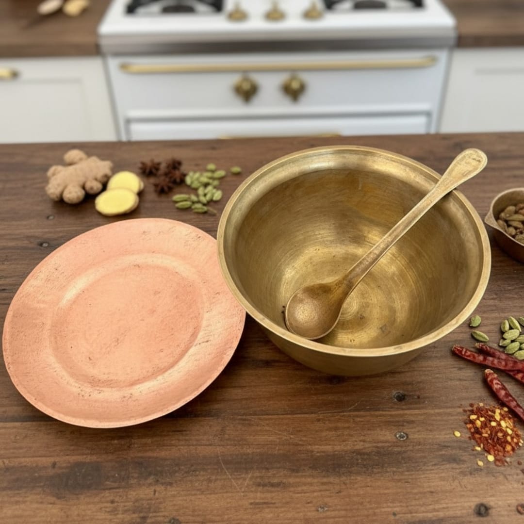 1979 Antique Bronze Cooking Pot with Copper Lid & Ladle | 2–2.5 Litre Dual-Metal Cookware Set