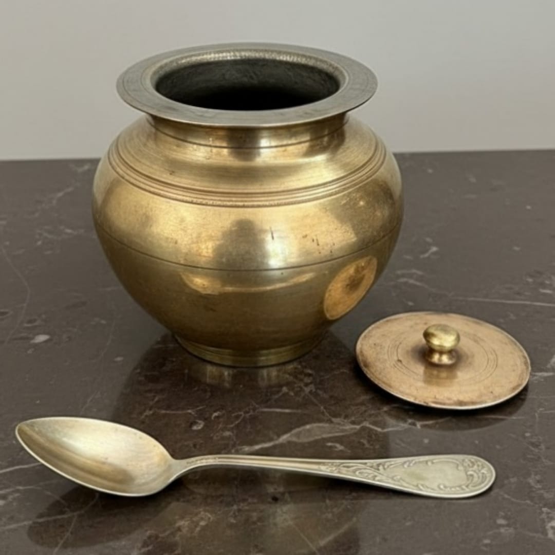 1977 Antique Bronze Cooking Bowl with Lid, Ladle & Stand | Elevated Compact Cookware Set