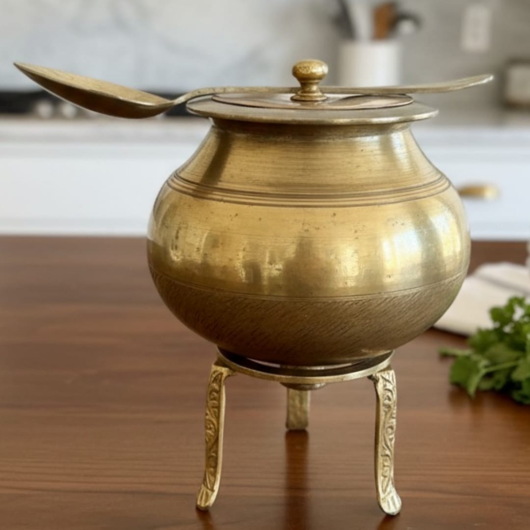 1977 Antique Bronze Cooking Bowl with Lid, Ladle & Stand | Elevated Compact Cookware Set