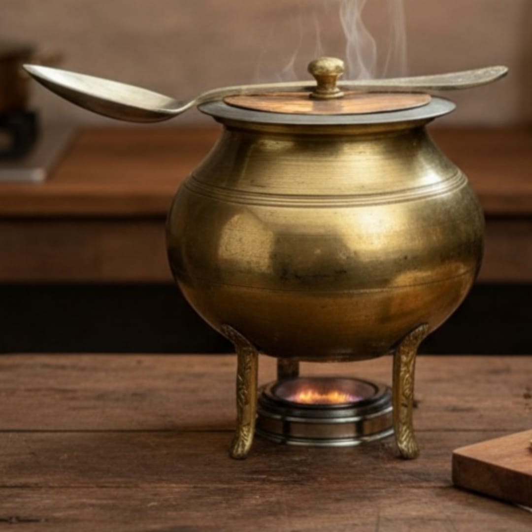 1977 Antique Bronze Cooking Bowl with Lid, Ladle & Stand | Elevated Compact Cookware Set