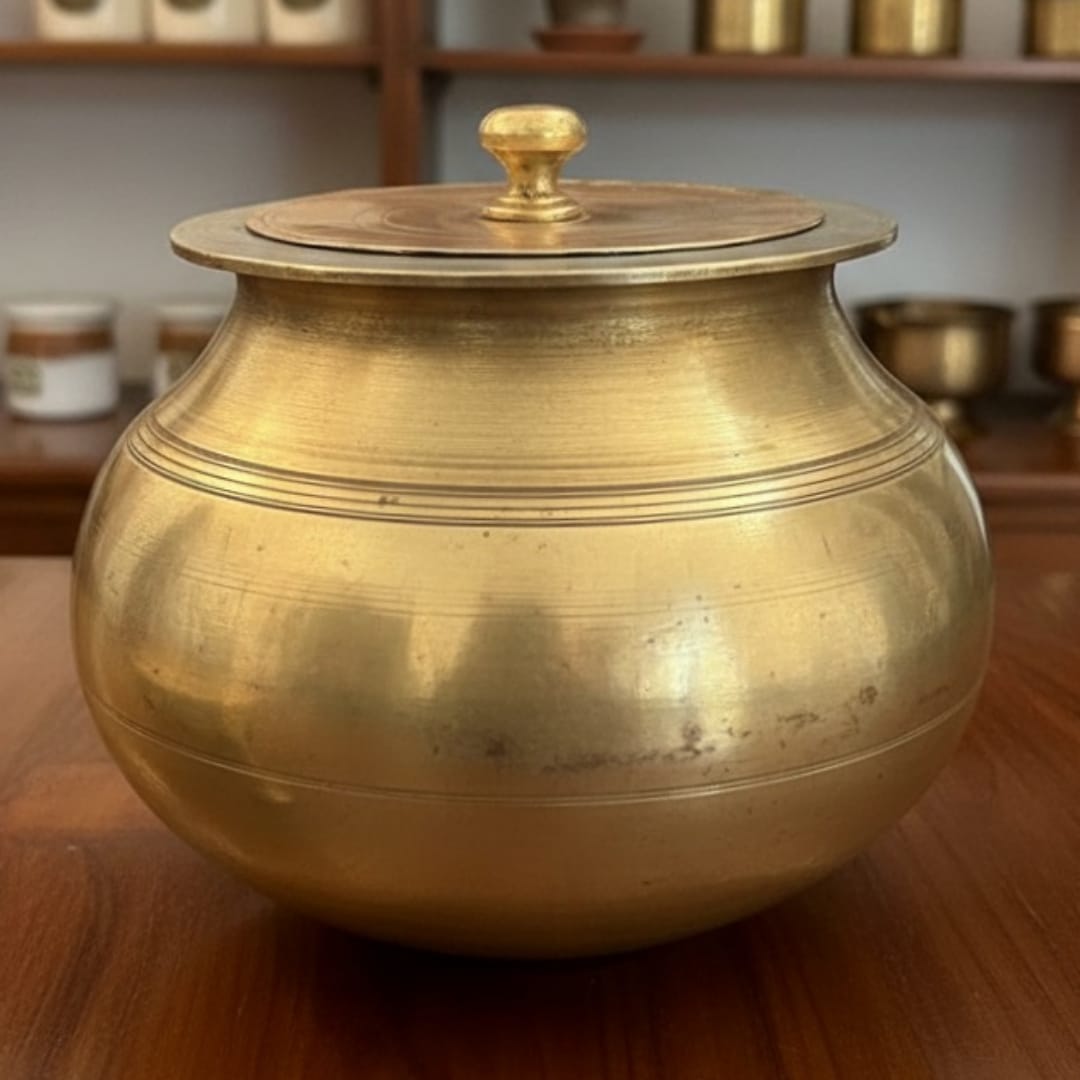 1977 Antique Bronze Cooking Bowl with Lid, Ladle & Stand | Elevated Compact Cookware Set