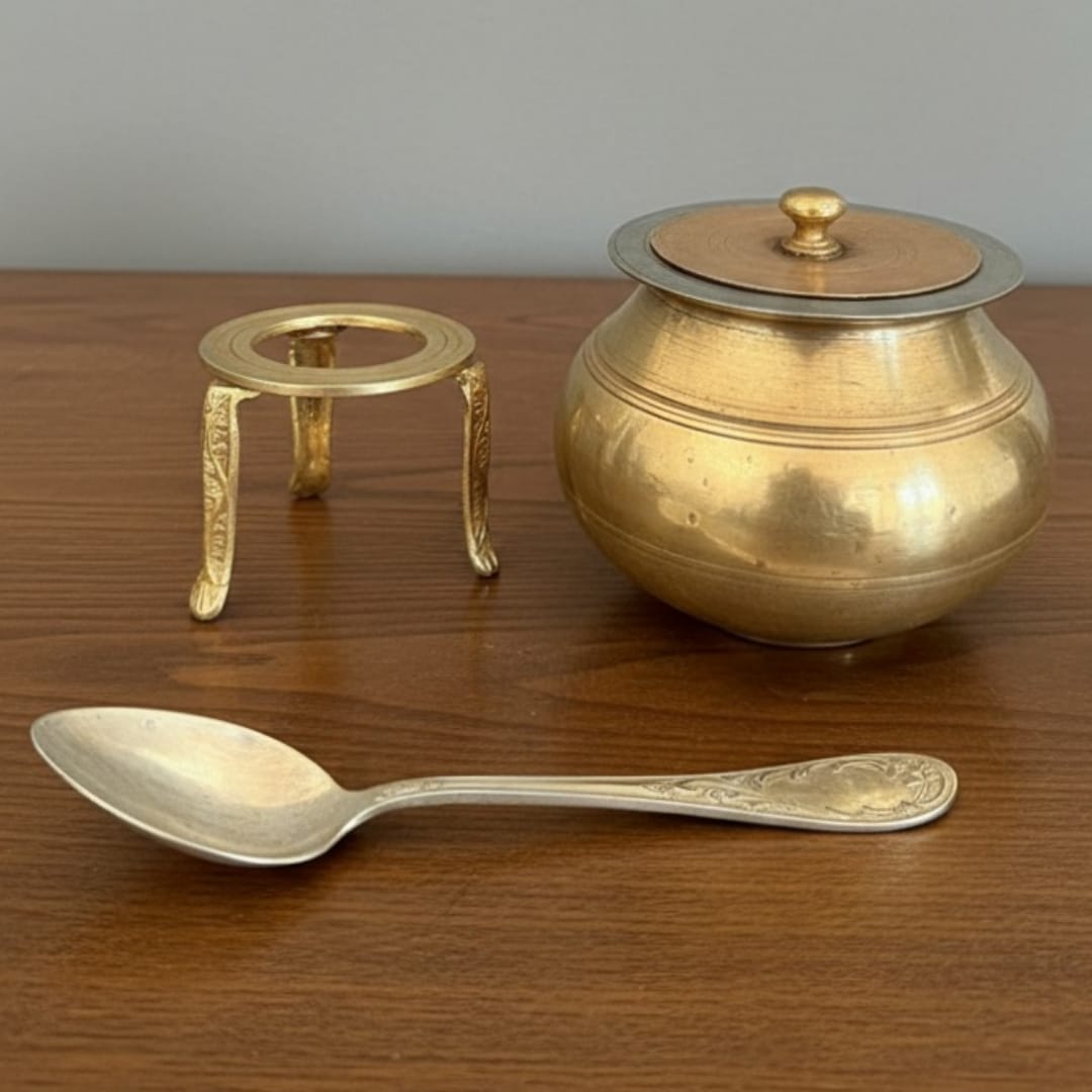 1977 Antique Bronze Cooking Bowl with Lid, Ladle & Stand | Elevated Compact Cookware Set