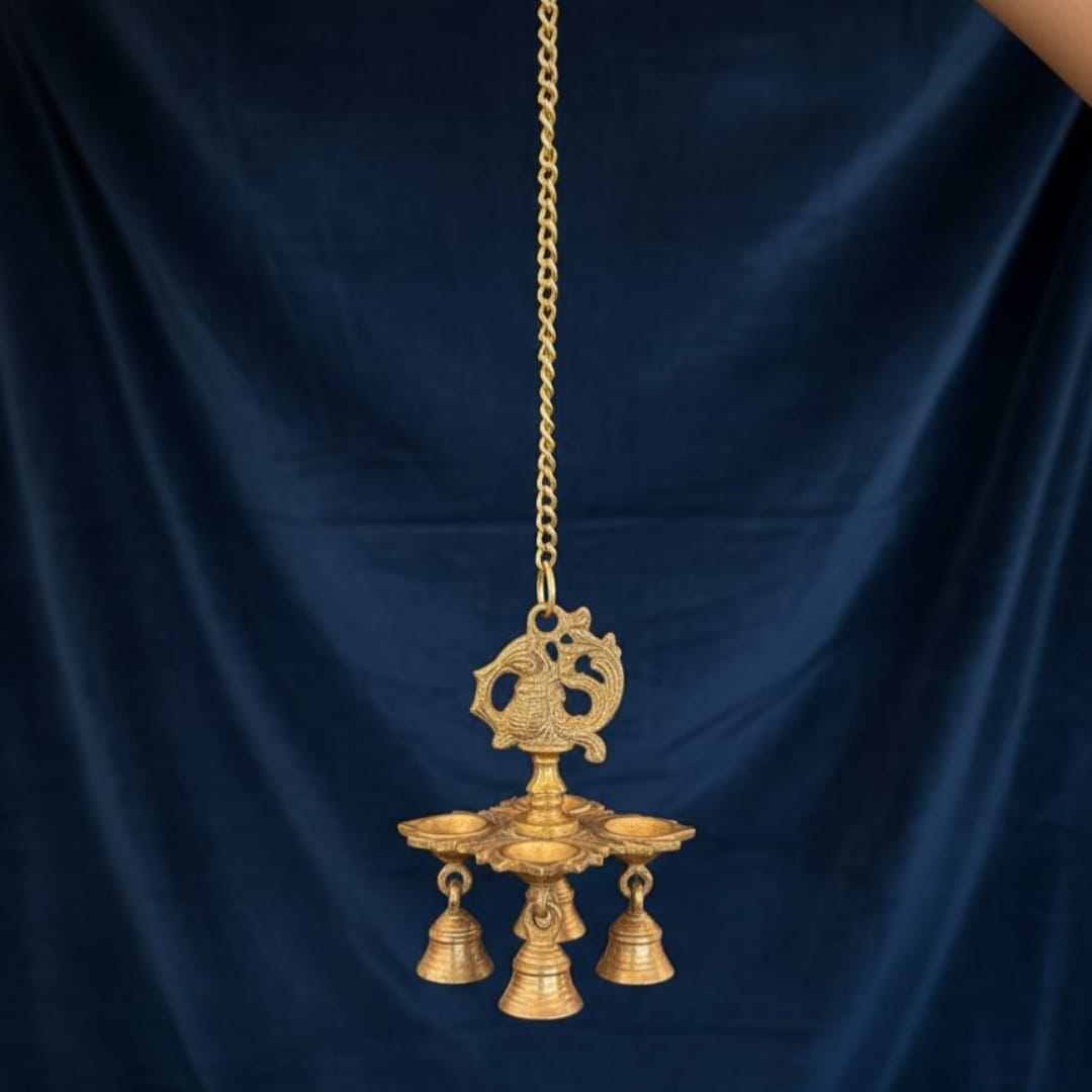 1974 Antique Brass Hanging Bell Diya in Pair | 20 Inch Chain Suspended Oil Lamps