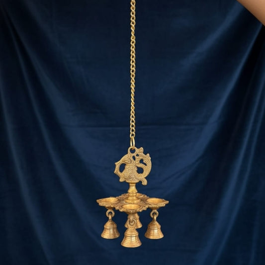 1974 Antique Brass Hanging Bell Diya in Pair | 20 Inch Chain Suspended Oil Lamps - Bombay Antiques