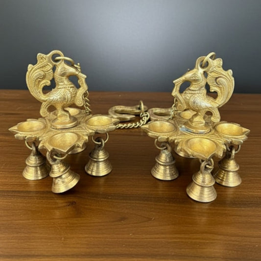 1974 Antique Brass Hanging Bell Diya in Pair | 20 Inch Chain Suspended Oil Lamps - Bombay Antiques