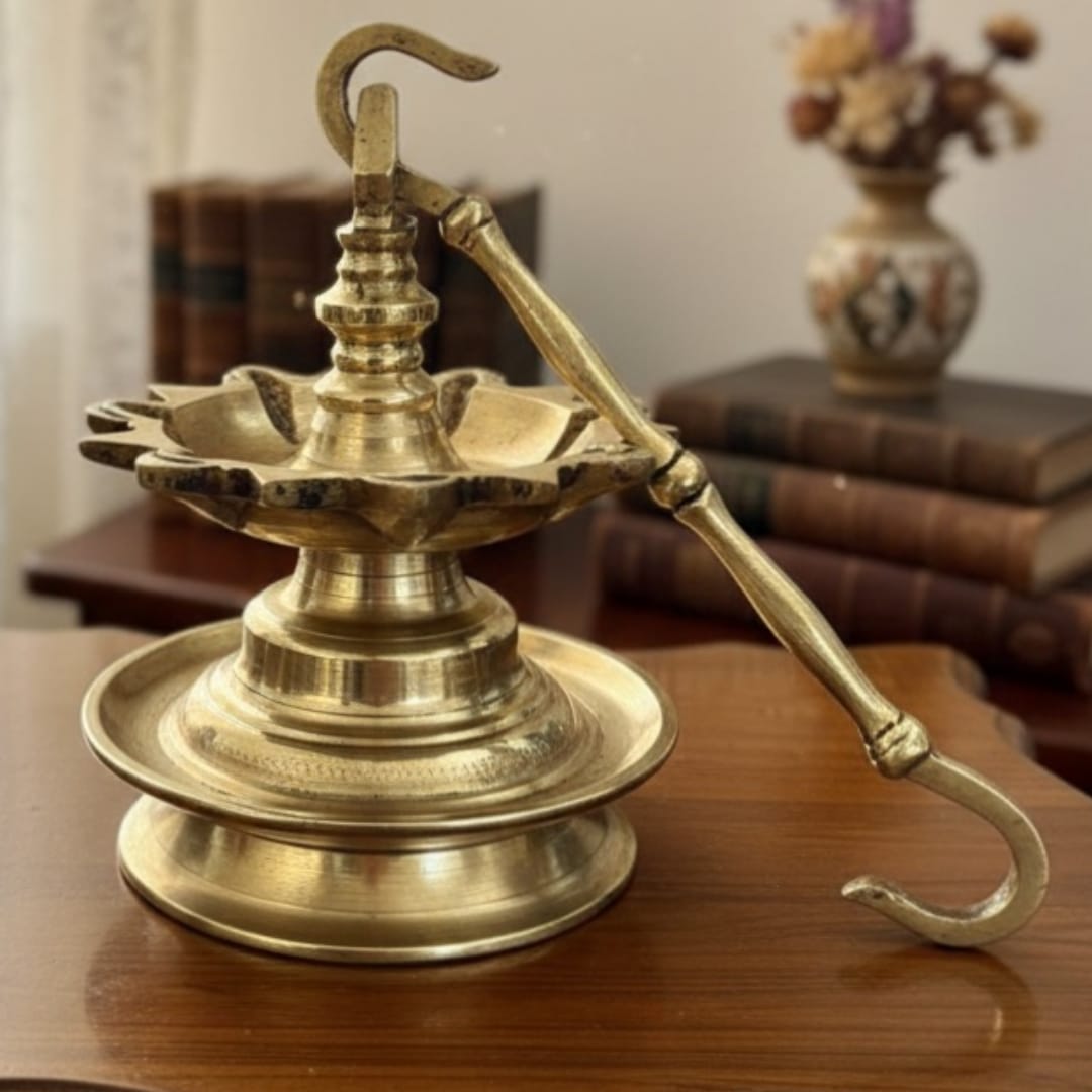 1975 Antique Brass Hanging Samay | Suspended Oil Lamp with Extended Stem