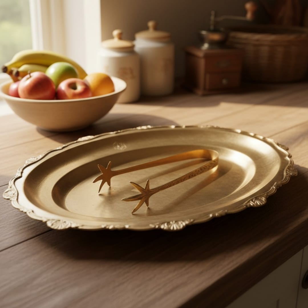 1988 Antique Brass Serving Tray with Tong | Rectangular Presentation Set - Bombay Antiques