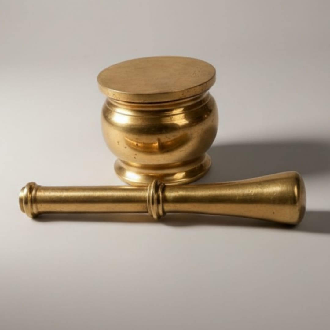 1971 Antique Brass Small Khalbatta | Compact Solid Mortar and Pestle Set - Bombay Antiques