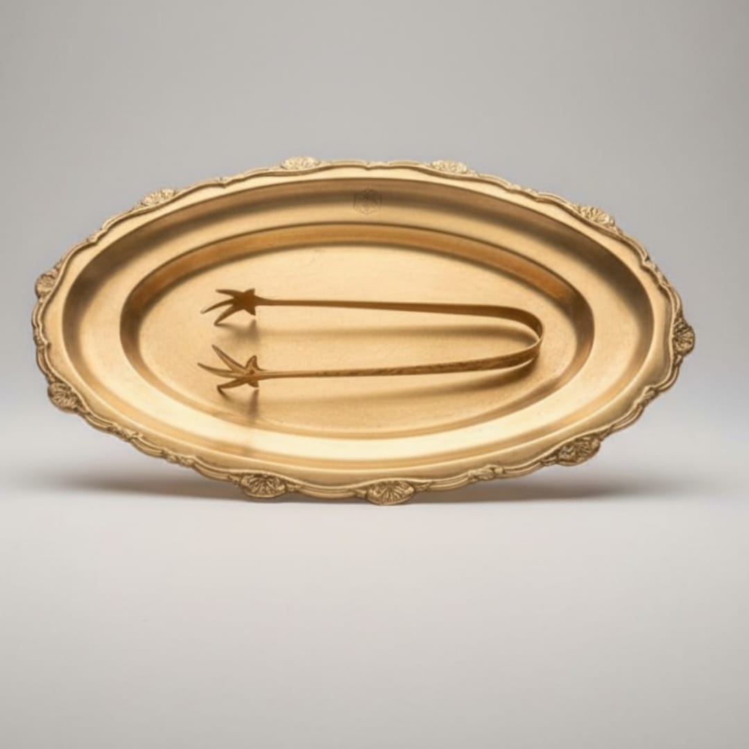 1988 Antique Brass Serving Tray with Tong | Rectangular Presentation Set - Bombay Antiques