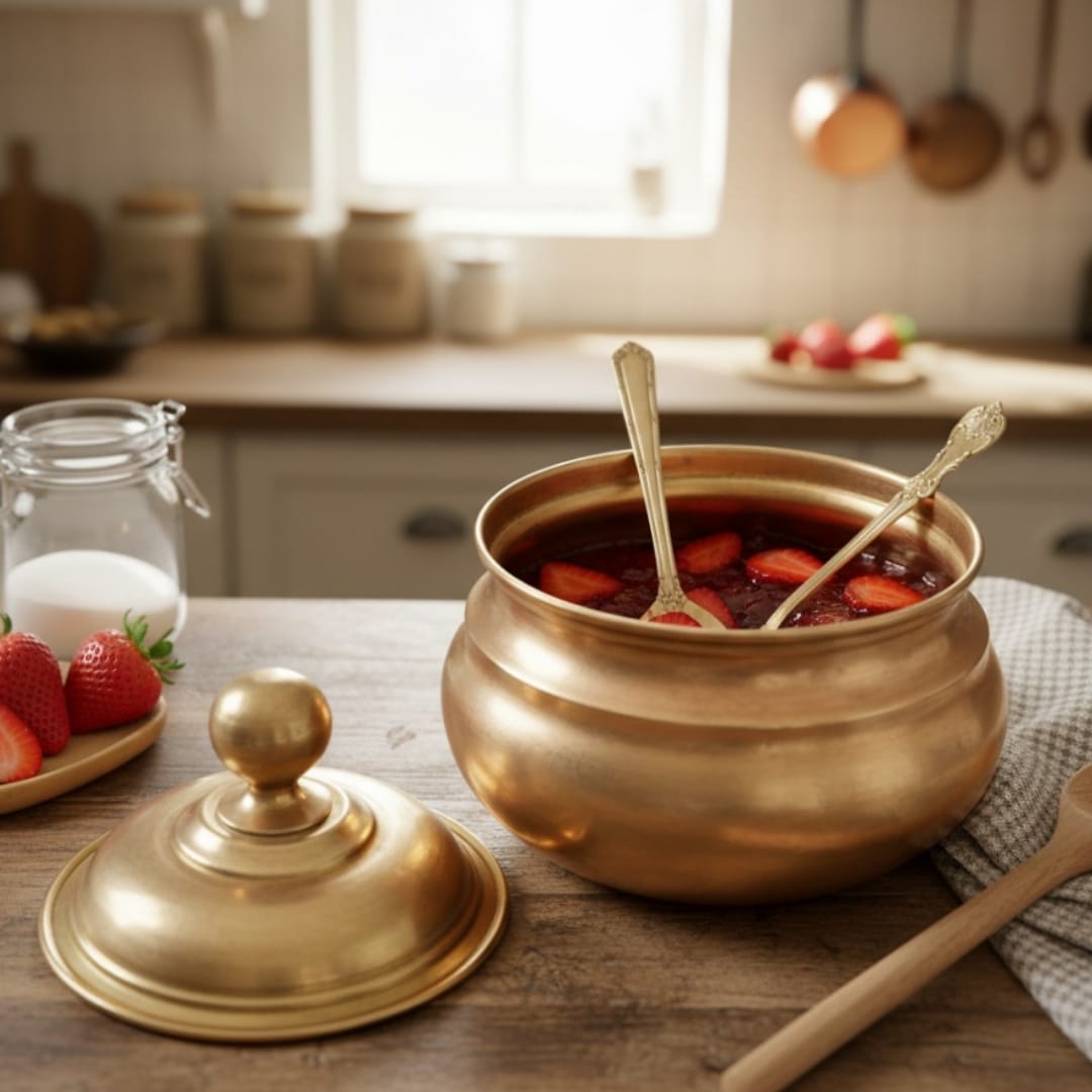 1984 Antique Brass Buffet Serving Bowl with Lid & Ladle | 2.5 Litre Covered Serving Dish - Bombay Antiques
