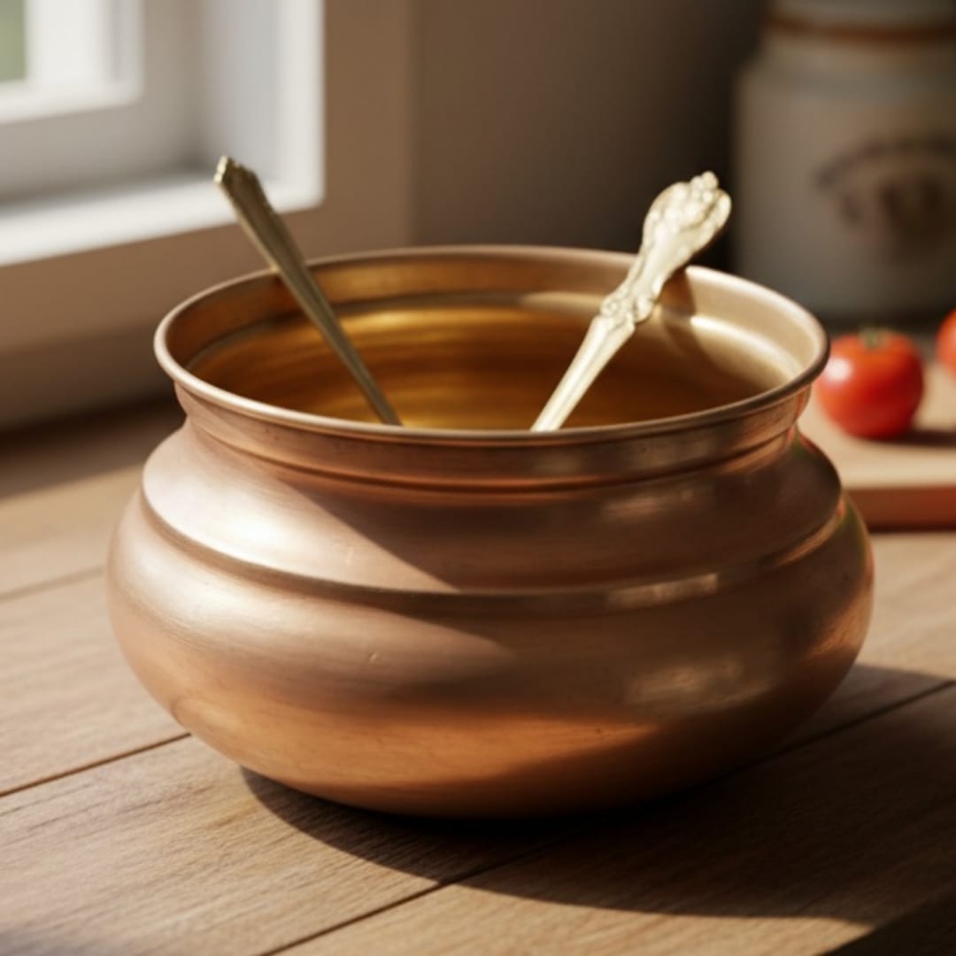 1984 Antique Brass Buffet Serving Bowl with Lid & Ladle | 2.5 Litre Covered Serving Dish - Bombay Antiques