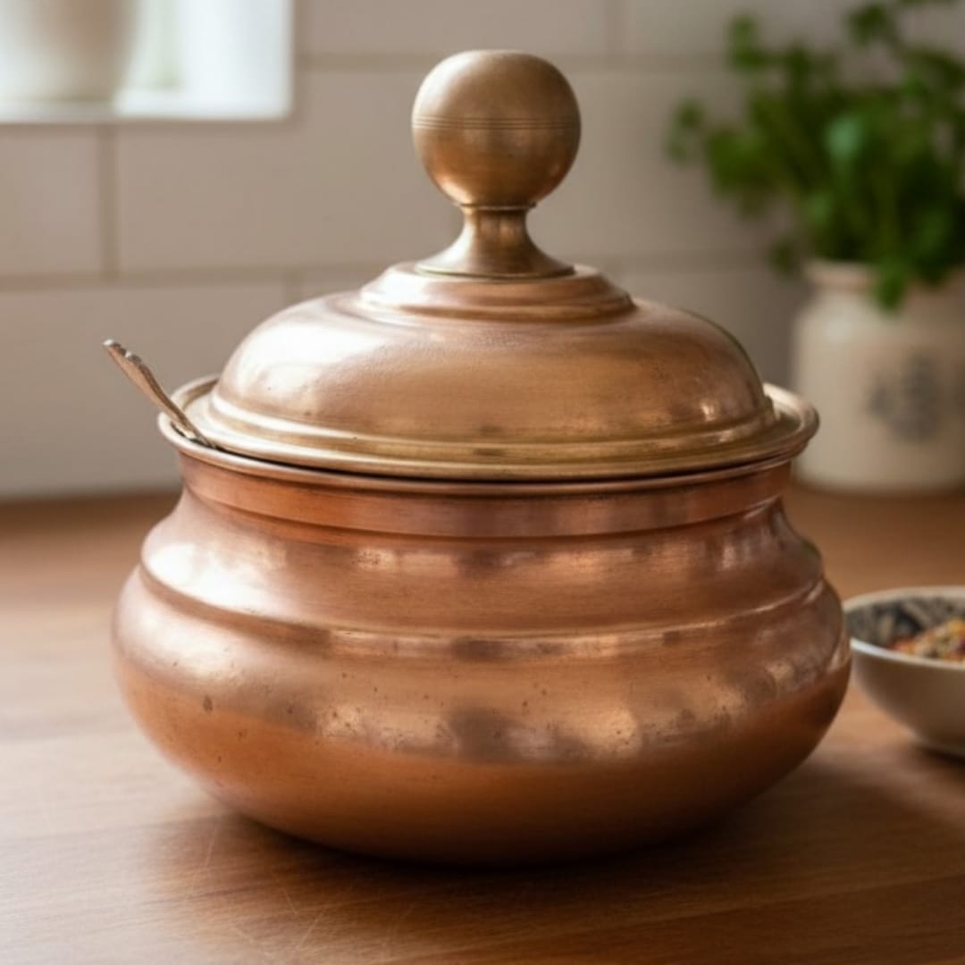 1984 Antique Brass Buffet Serving Bowl with Lid & Ladle | 2.5 Litre Covered Serving Dish - Bombay Antiques